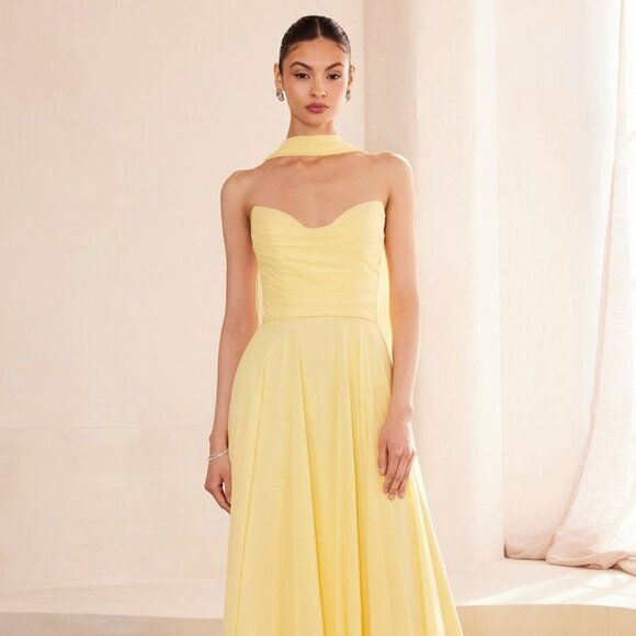 New A-Line Strapless Chiffon Dress w/ Scarf Accessory & Lace Up Back CD T703 - Picture 1 of 10